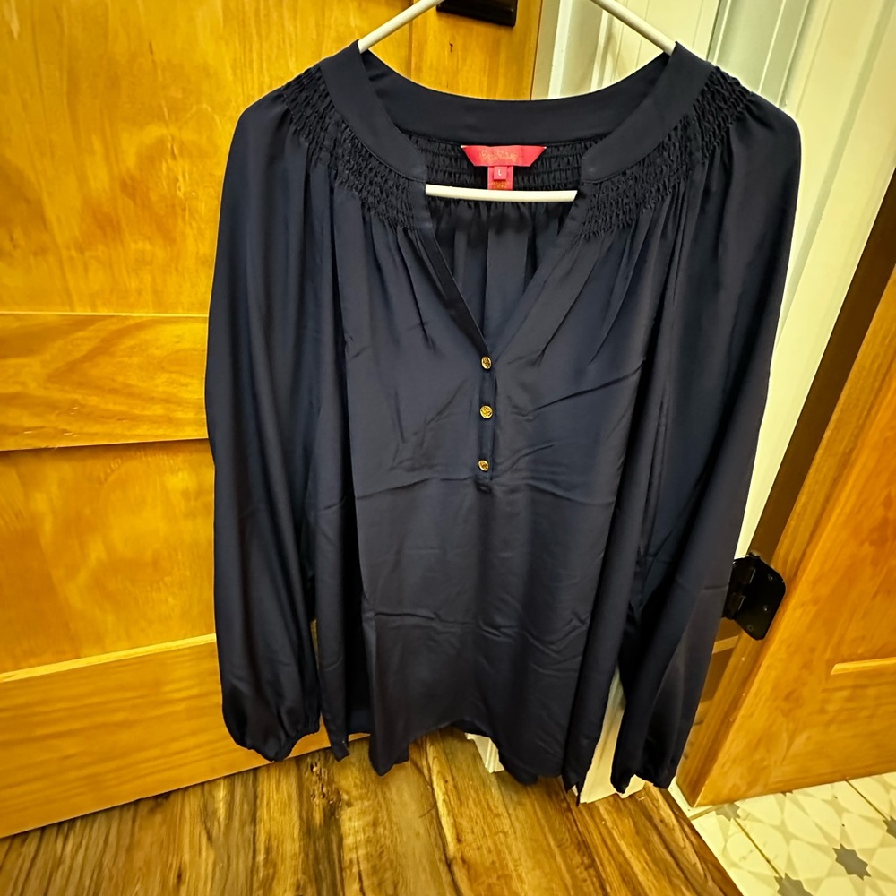 Lilly Pulitzer size L navy blue 100% satin. Never worn or washed but no tags.
